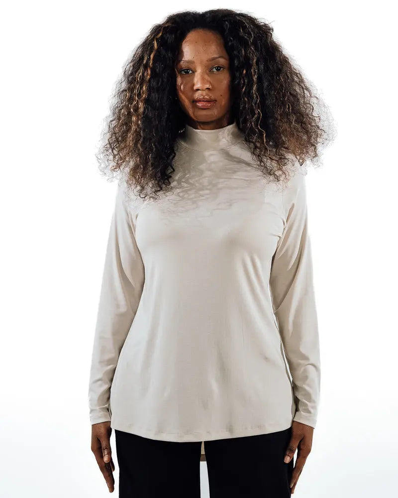 High-Neck Modest Workout Top - Beige Slash End