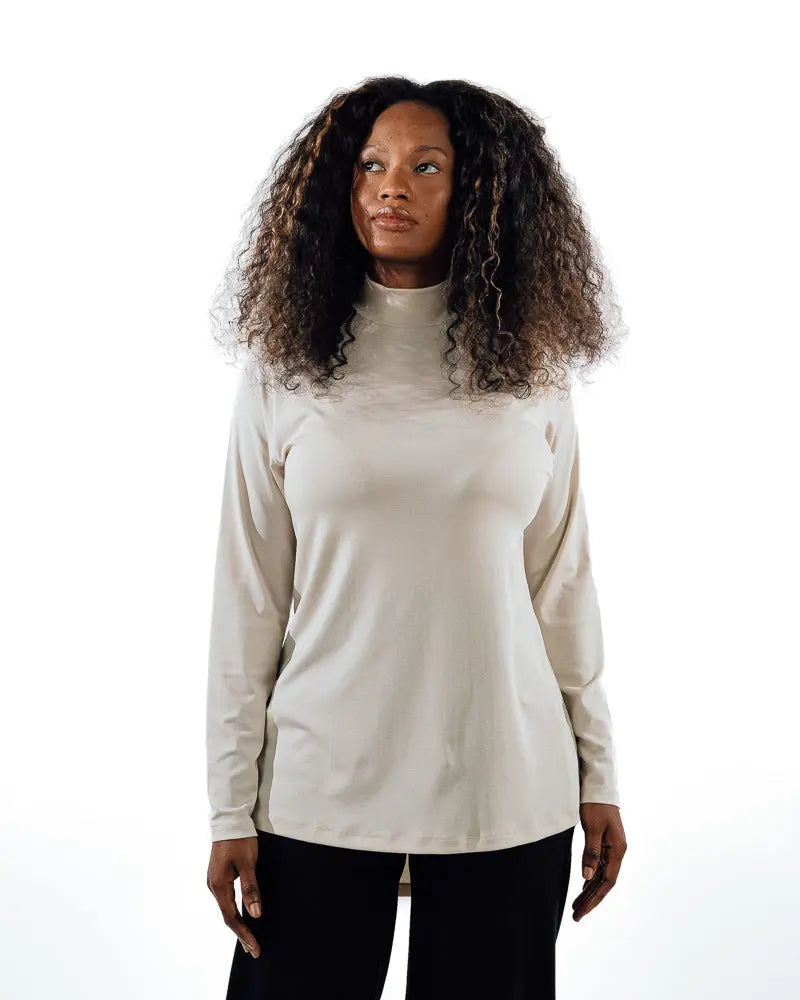 High-Neck Modest Workout Top - Beige Slash End