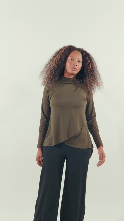 Crossover Long Sleeve Active Top - Olive green